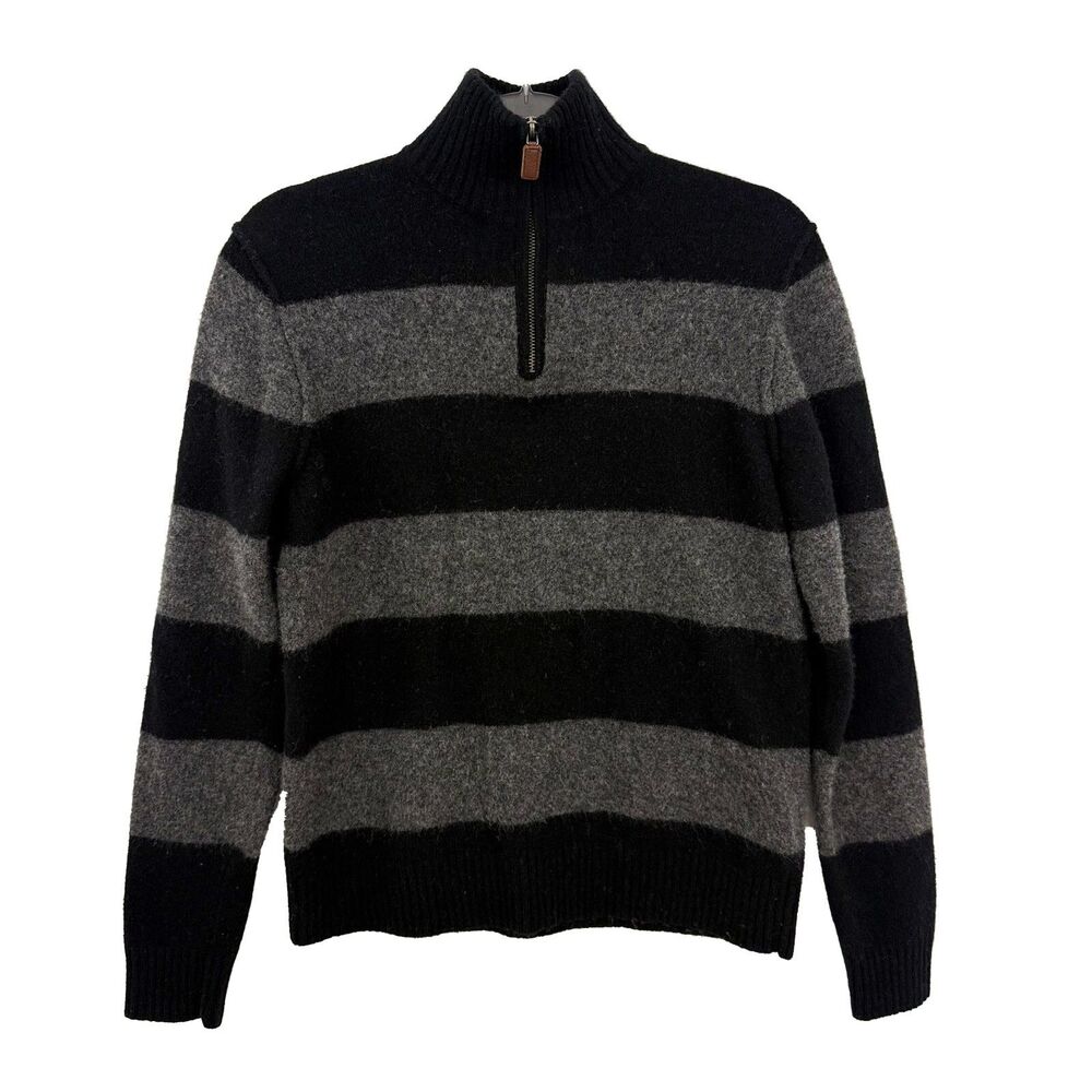 J.CREW Men's Lambs Wool Quarter Zip Sweater S/M Striped Black Gray EUC B6